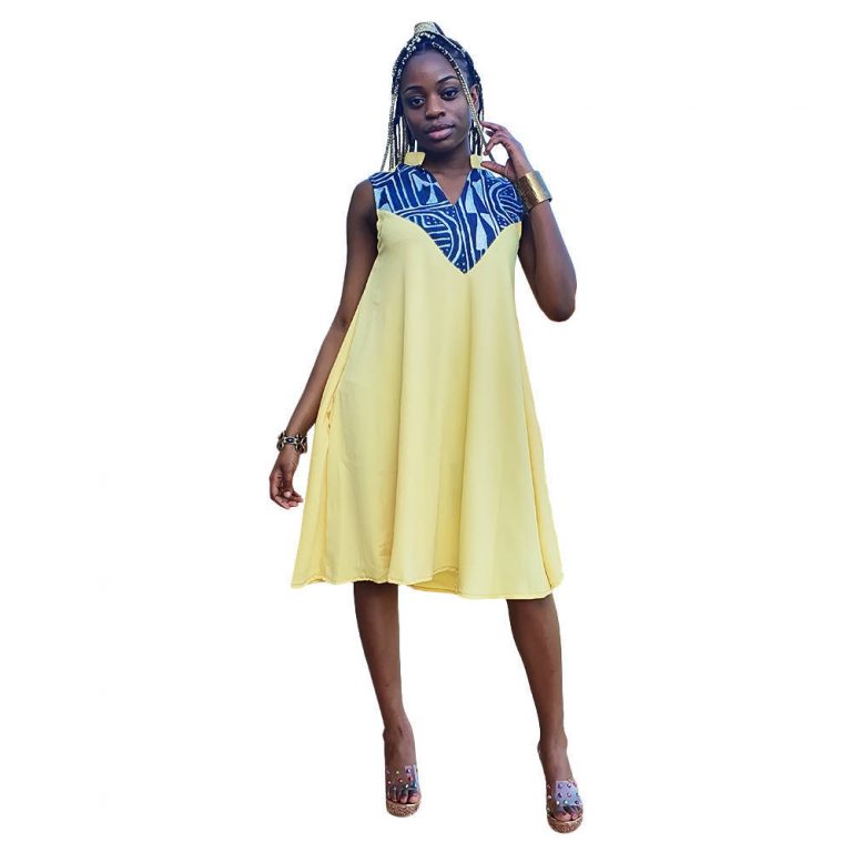 Trendy yellow dress designed with African Bamileke Print - Imms Fashion